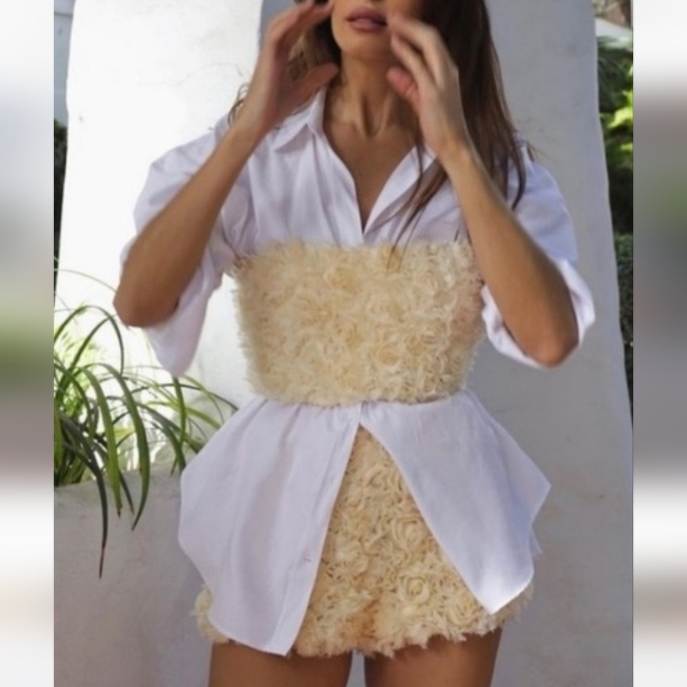 Zara Cream Fluffy Floral Applique Crop Top And Shorts Set 2 Piece